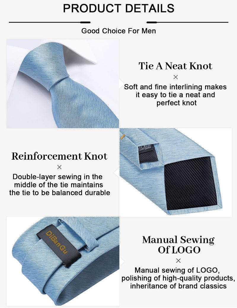 DiBanGu Mens Silk Necktie Solid Color Tie and Pocket Square Cufflink Tie Clip Set Woven Plain Ties for Men Wedding Party, Light Blue - Image 5